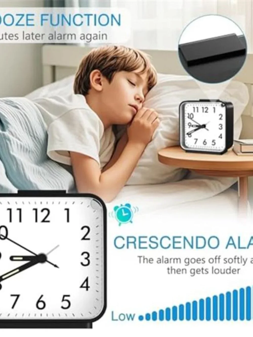 Silent Analog Alarm Clock Battery Powered Snooze Light Compact Bedside Clock